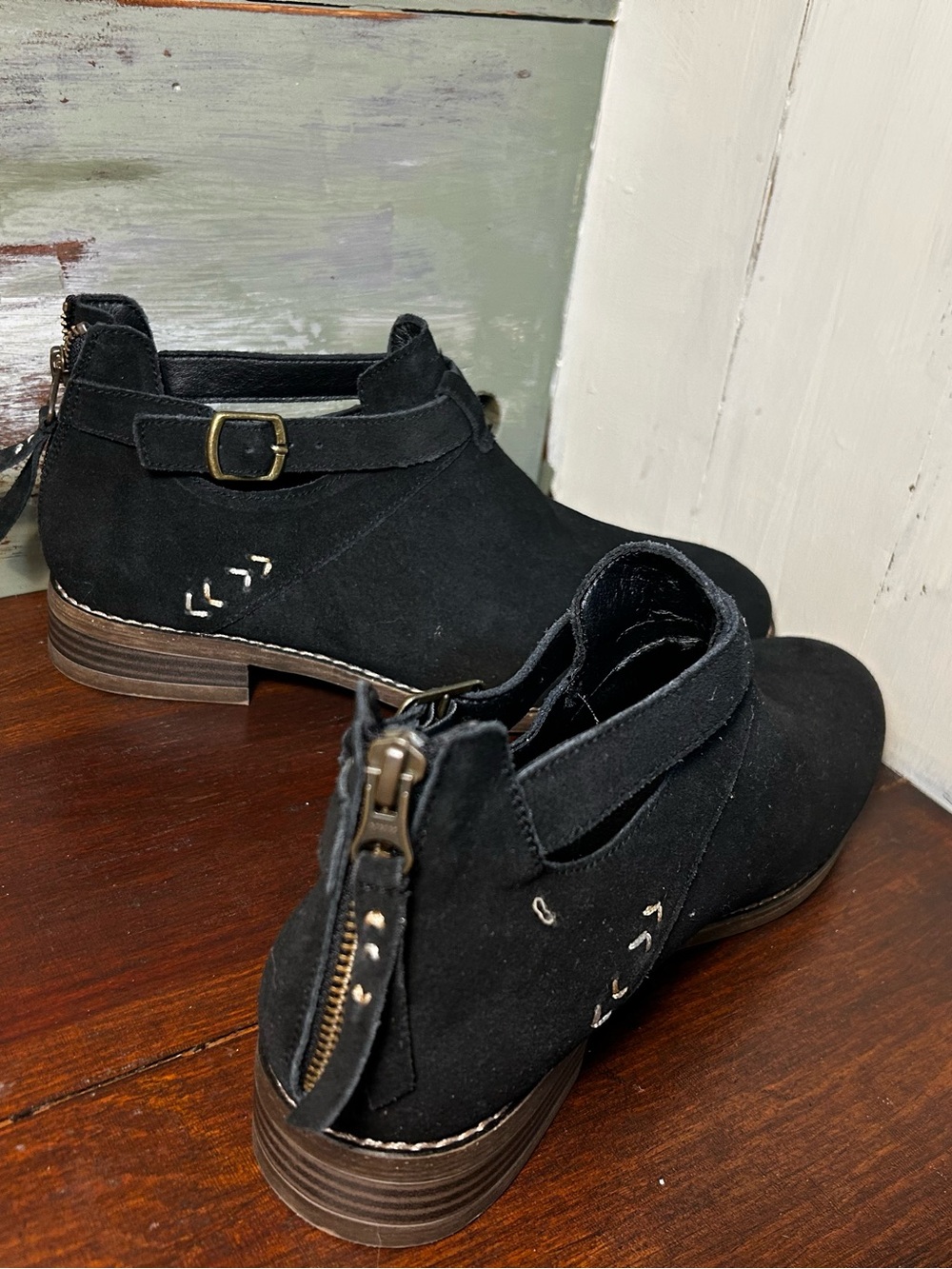 Black Suede Ankle Booties with Buckle and Back Zip